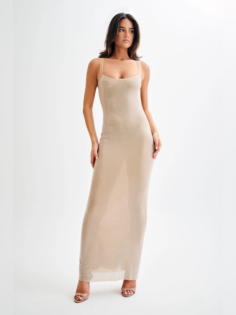 Meshki Jasmyn Hot Fix Maxi Formal Dress Mesh Back Rhinestone Evening Gown *FLAWS